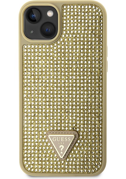 iPhone 15 Uyumlu Kılıf Guess Orjinal Lisanslı Taşlı Arka Yüzey Üçgen Logolu Kapak Gold