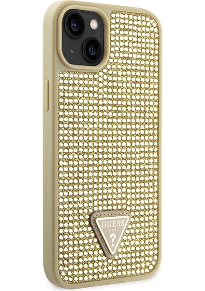 iPhone 15 Uyumlu Kılıf Guess Orjinal Lisanslı Taşlı Arka Yüzey Üçgen Logolu Kapak Gold