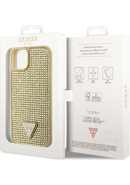 iPhone 15 Uyumlu Kılıf Guess Orjinal Lisanslı Taşlı Arka Yüzey Üçgen Logolu Kapak Gold