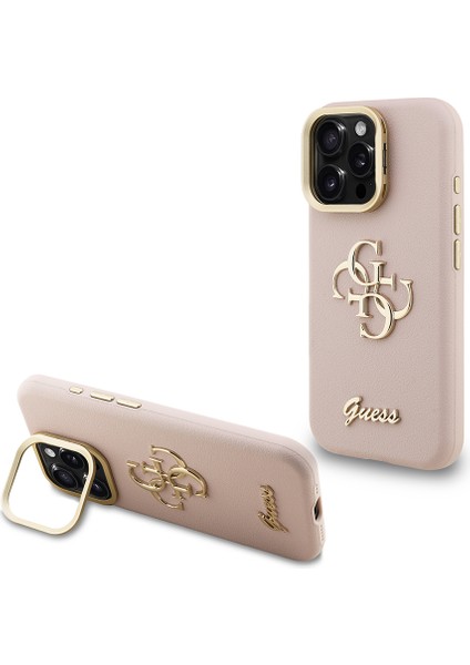 iPhone 16 Pro Uyumlu Kılıf Guess Orjinal Lisanslı Grained Yazı Logolu Kamera Standlı Kapak Pembe