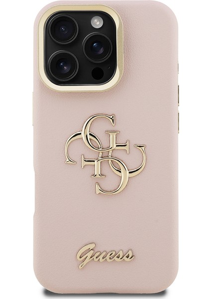 iPhone 16 Pro Uyumlu Kılıf Guess Orjinal Lisanslı Grained Yazı Logolu Kamera Standlı Kapak Pembe