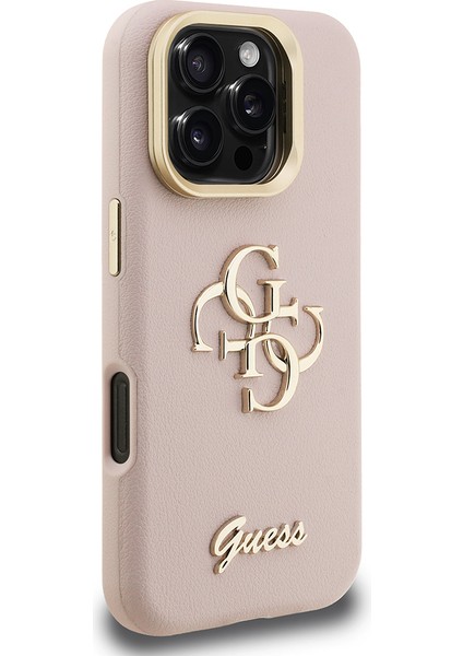 iPhone 16 Pro Uyumlu Kılıf Guess Orjinal Lisanslı Grained Yazı Logolu Kamera Standlı Kapak Pembe