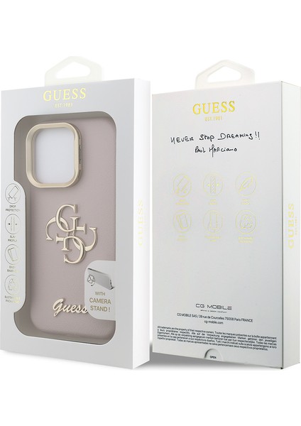 iPhone 16 Pro Uyumlu Kılıf Guess Orjinal Lisanslı Grained Yazı Logolu Kamera Standlı Kapak Pembe