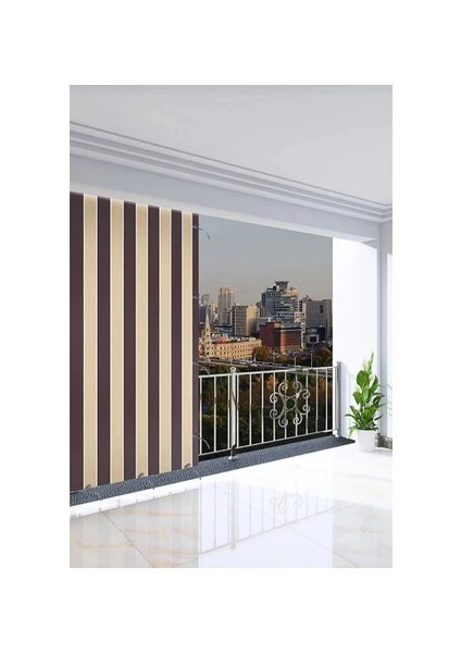 Kahve Krem Çizgili Su Geçirmez Balkon Perdesi Branda