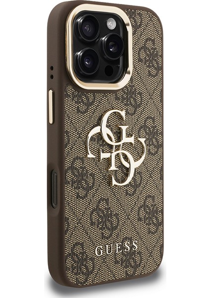 iPhone 16 Pro Uyumlu Kılıf Guess Lisanslı Metal 4g ve Yazı Logolu Kamera Standlı Kapak Kahverengi modelleri
