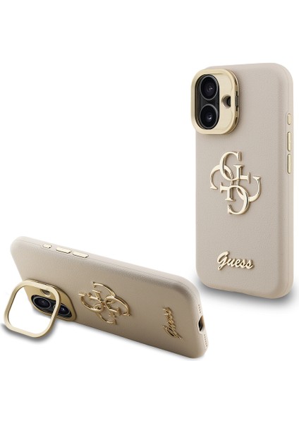 iPhone 16 Uyumlu Kılıf Guess Orjinal Lisanslı Grained Yazı Logolu Kamera Standlı Kapak Bej