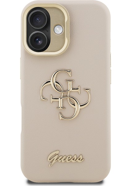 iPhone 16 Uyumlu Kılıf Guess Orjinal Lisanslı Grained Yazı Logolu Kamera Standlı Kapak Bej