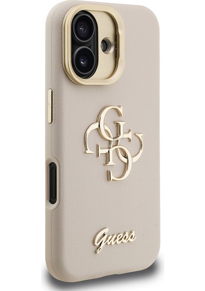 iPhone 16 Uyumlu Kılıf Guess Orjinal Lisanslı Grained Yazı Logolu Kamera Standlı Kapak Bej