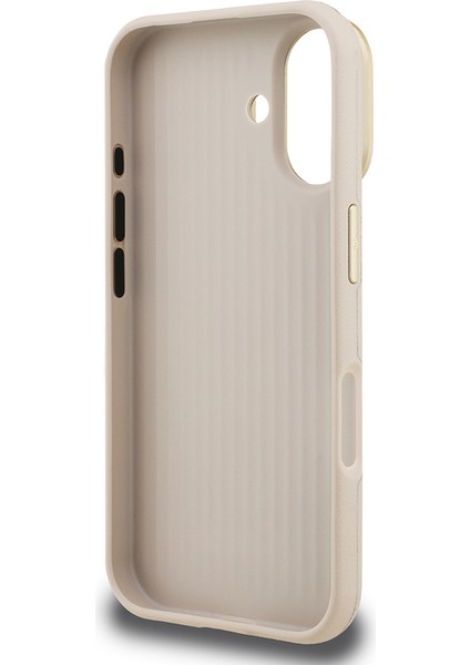 iPhone 16 Uyumlu Kılıf Guess Orjinal Lisanslı Grained Yazı Logolu Kamera Standlı Kapak Bej