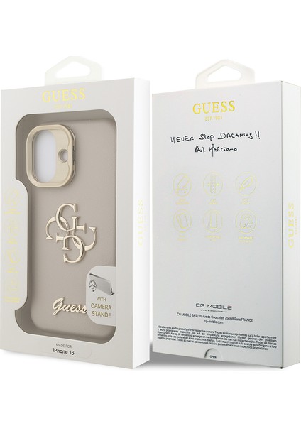 iPhone 16 Uyumlu Kılıf Guess Orjinal Lisanslı Grained Yazı Logolu Kamera Standlı Kapak Bej