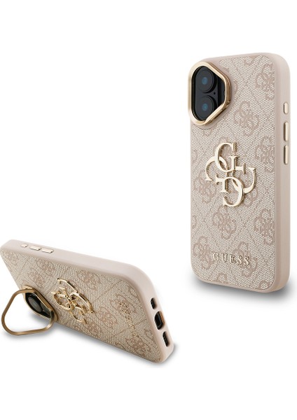 iPhone 16 Plus Uyumlu Kılıf Guess Lisanslı Metal 4g ve Yazı Logolu Kamera Standlı Kapak Pembe