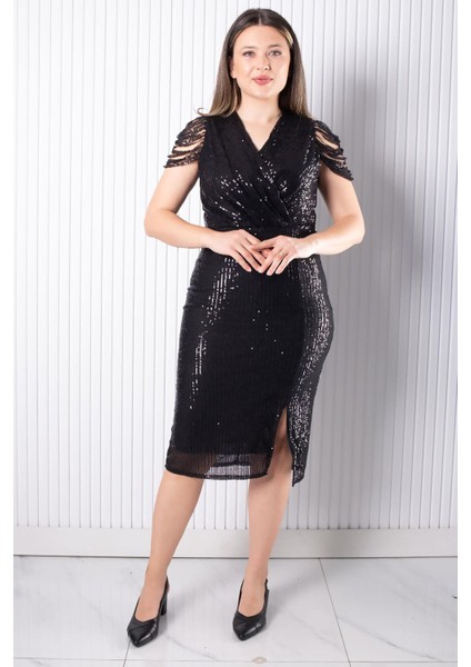 Pul Payetli Abiye Elbise Siyah MDV382