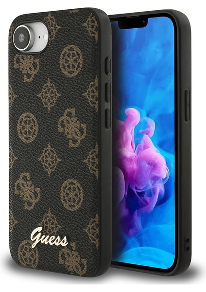 iPhone 16E Uyumlu Kılıf Guess Orjinal Lisanslı M-Safe Şarj Özellikli Yazı Logolu Peony Kapak Siyah