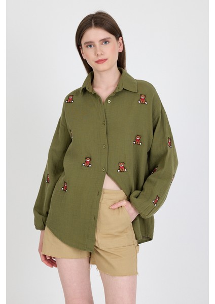 Haki Keten Görünümlü %100 Pamuk Ayıcık Nakışlı Gömlek 4798A