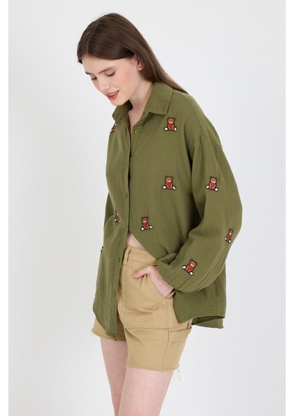 Haki Keten Görünümlü %100 Pamuk Ayıcık Nakışlı Gömlek 4798A fiyatları