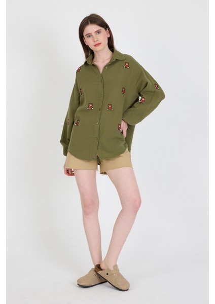 Haki Keten Görünümlü %100 Pamuk Ayıcık Nakışlı Gömlek 4798A modelleri