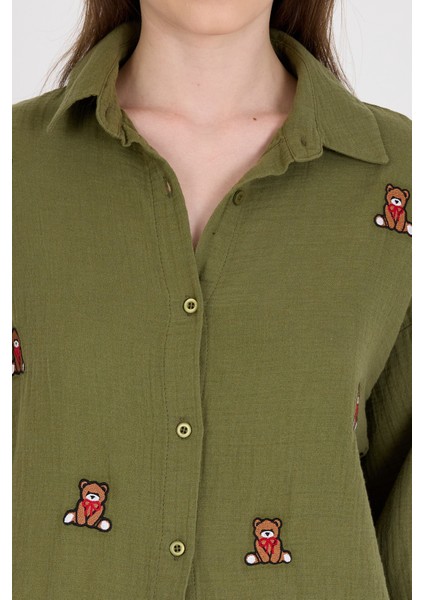 Haki Keten Görünümlü %100 Pamuk Ayıcık Nakışlı Gömlek 4798A fırsatları