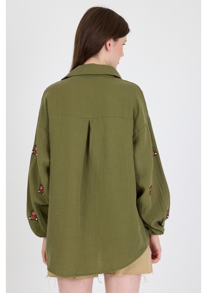Haki Keten Görünümlü %100 Pamuk Ayıcık Nakışlı Gömlek 4798A indirimleri