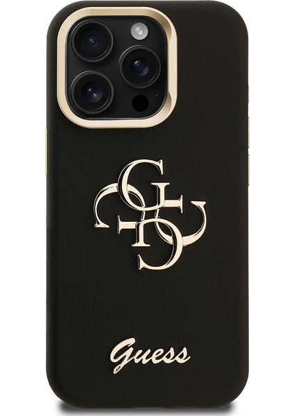 iPhone 15 Pro Max Uyumlu Kılıf Guess Orjinal Lisanslı Grained Yazı Logolu Kamera Standlı Kapak Siyah