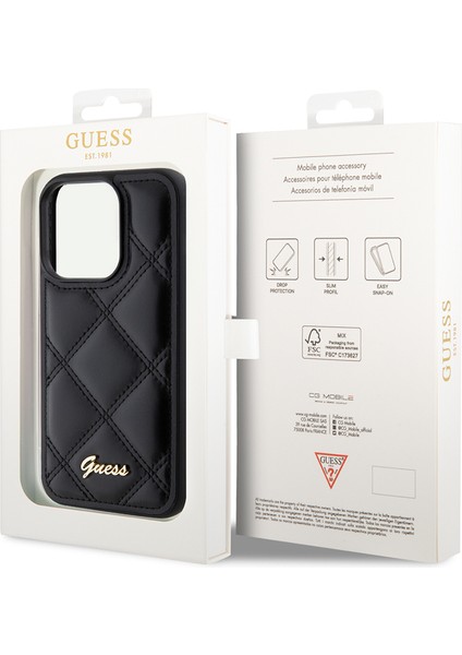 iPhone 14 Pro Max Uyumlu Kılıf Guess Orjinal Lisanslı Pu Deri Metal Yazı Logolu Kapitone Kapak Siyah indirimleri