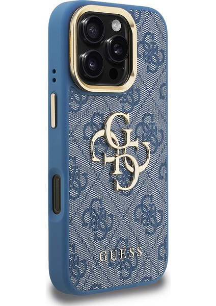 iPhone 16 Pro Max Uyumlu Kılıf Guess Lisanslı Metal 4g ve Yazı Logolu Kamera Standlı Kapak Mavi modelleri