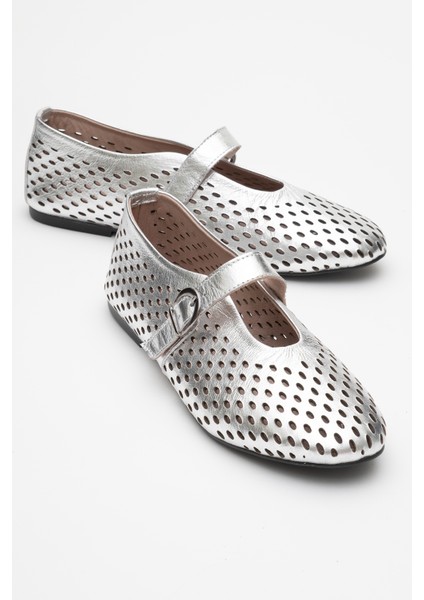 Arian Gümüş Hakiki Deri Delikli Kadın Babet Ayakkabı