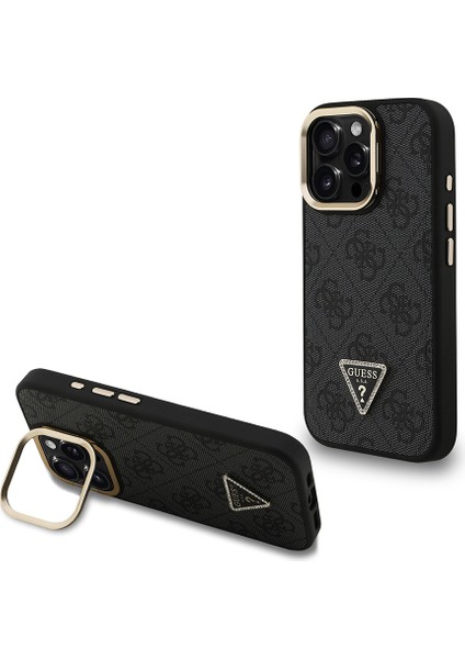 iPhone 16 Pro Max Uyumlu Kılıf Guess Lisanslı Pu Üçgen Logo 4g Desenli Kamera Standlı Kapak Siyah