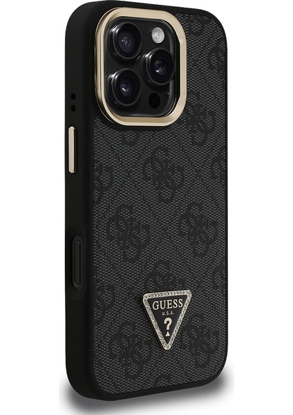 iPhone 16 Pro Max Uyumlu Kılıf Guess Lisanslı Pu Üçgen Logo 4g Desenli Kamera Standlı Kapak Siyah modelleri