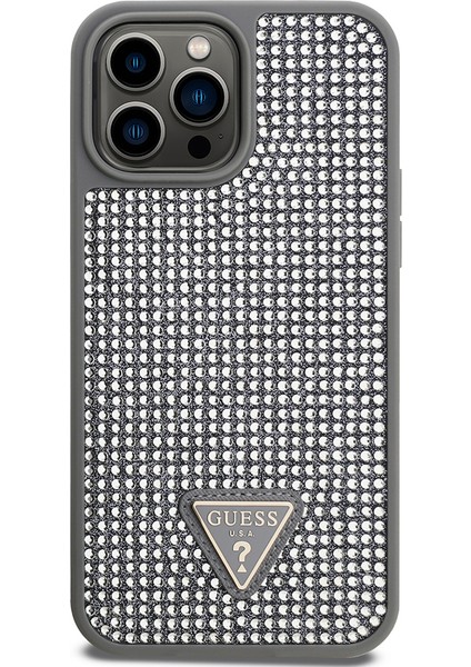 iPhone 13 Pro Max Uyumlu Kılıf Guess Orjinal Lisanslı Taşlı Arka Yüzey Üçgen Logolu Kapak Gümüş fiyatları