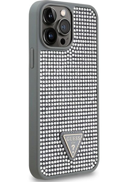 iPhone 13 Pro Max Uyumlu Kılıf Guess Orjinal Lisanslı Taşlı Arka Yüzey Üçgen Logolu Kapak Gümüş modelleri
