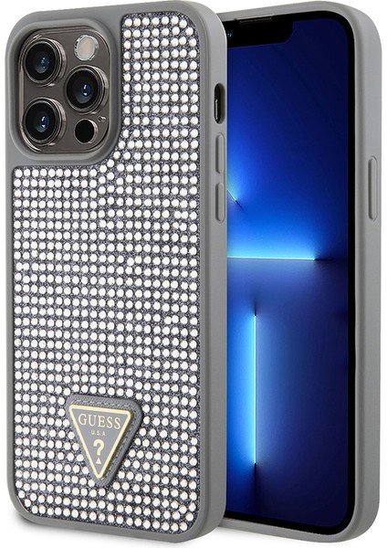iPhone 14 Pro Max Uyumlu Kılıf Guess Orjinal Lisanslı Taşlı Arka Yüzey Üçgen Logolu Kapak Gümüş