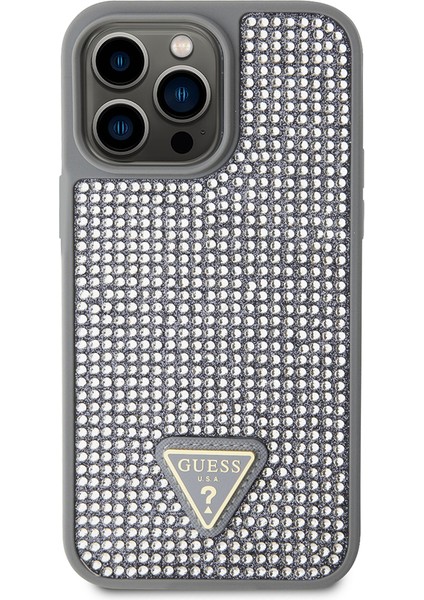 iPhone 14 Pro Max Uyumlu Kılıf Guess Orjinal Lisanslı Taşlı Arka Yüzey Üçgen Logolu Kapak Gümüş