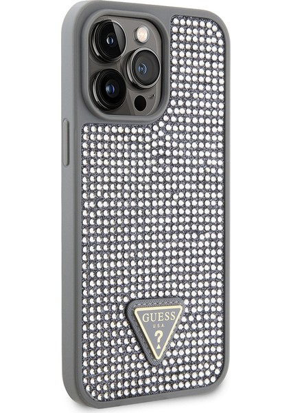 iPhone 14 Pro Max Uyumlu Kılıf Guess Orjinal Lisanslı Taşlı Arka Yüzey Üçgen Logolu Kapak Gümüş