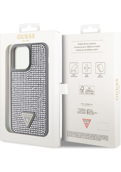 iPhone 14 Pro Max Uyumlu Kılıf Guess Orjinal Lisanslı Taşlı Arka Yüzey Üçgen Logolu Kapak Gümüş