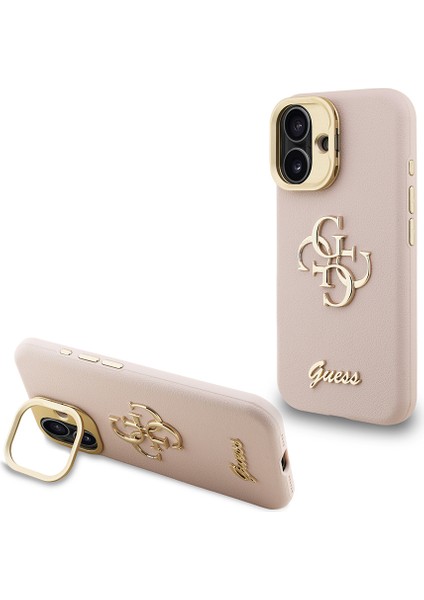 iPhone 16 Uyumlu Kılıf Guess Orjinal Lisanslı Grained Yazı Logolu Kamera Standlı Kapak Pembe