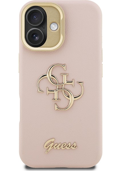 iPhone 16 Uyumlu Kılıf Guess Orjinal Lisanslı Grained Yazı Logolu Kamera Standlı Kapak Pembe
