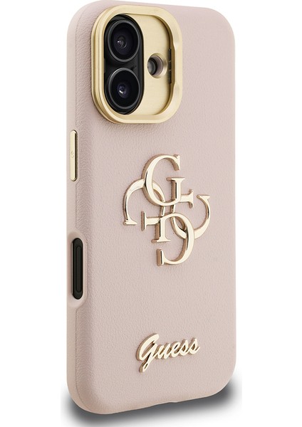 iPhone 16 Uyumlu Kılıf Guess Orjinal Lisanslı Grained Yazı Logolu Kamera Standlı Kapak Pembe