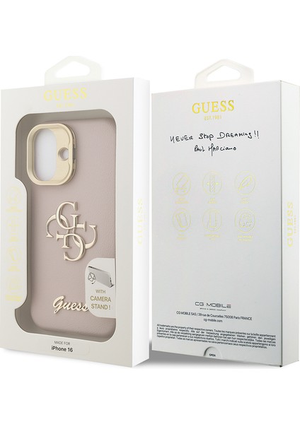 iPhone 16 Uyumlu Kılıf Guess Orjinal Lisanslı Grained Yazı Logolu Kamera Standlı Kapak Pembe