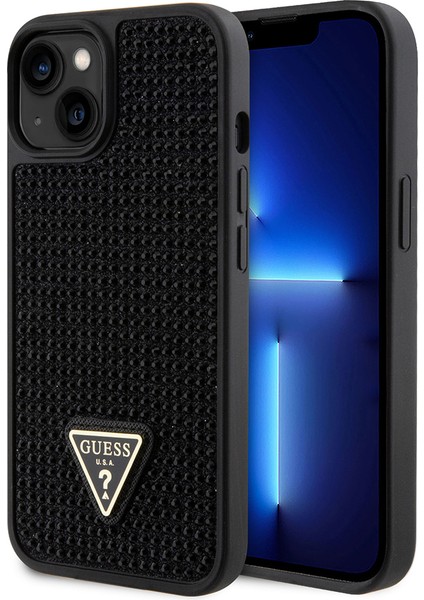 iPhone 15 Uyumlu Kılıf Guess Orjinal Lisanslı Taşlı Arka Yüzey Üçgen Logolu Kapak Siyah