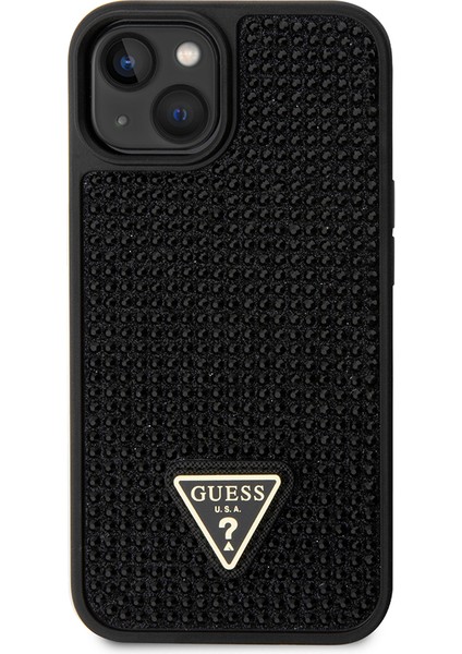 iPhone 15 Uyumlu Kılıf Guess Orjinal Lisanslı Taşlı Arka Yüzey Üçgen Logolu Kapak Siyah