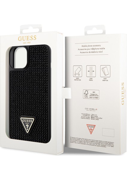 iPhone 15 Uyumlu Kılıf Guess Orjinal Lisanslı Taşlı Arka Yüzey Üçgen Logolu Kapak Siyah