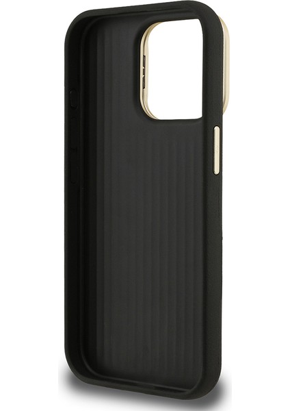 iPhone 15 Pro Max Uyumlu Kılıf Guess Orjinal Lisanslı Grained Yazı Logolu Kamera Standlı Kapak Siyah