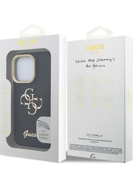 iPhone 15 Pro Max Uyumlu Kılıf Guess Orjinal Lisanslı Grained Yazı Logolu Kamera Standlı Kapak Siyah