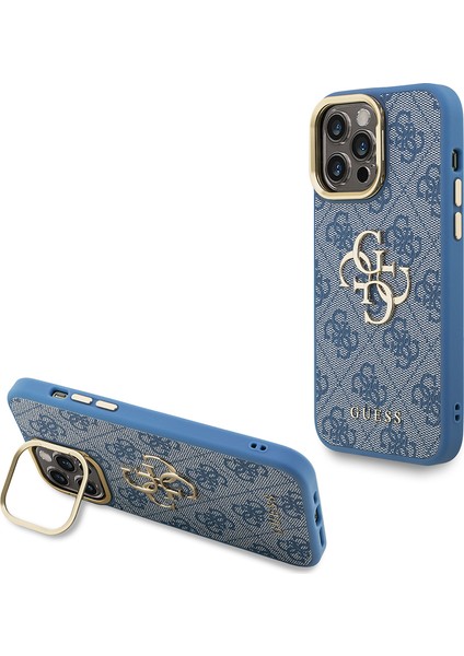 iPhone 14 Pro Max Uyumlu Kılıf Guess Lisanslı Metal 4g ve Yazı Logolu Kamera Standlı Kapak Mavi