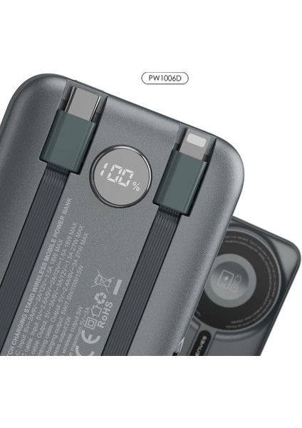 PW1006D Dijital LED Ekranlı Standlı Wireless Powerbank 15W 10000MAH Gri fiyatları