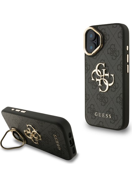 iPhone 16 Plus Uyumlu Kılıf Guess Lisanslı Metal 4g ve Yazı Logolu Kamera Standlı Kapak Siyah