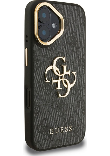 iPhone 16 Plus Uyumlu Kılıf Guess Lisanslı Metal 4g ve Yazı Logolu Kamera Standlı Kapak Siyah modelleri