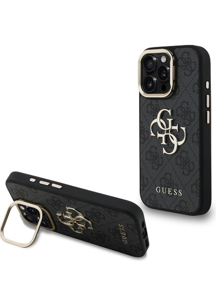 iPhone 16 Pro Max Uyumlu Kılıf Guess Lisanslı Metal 4g ve Yazı Logolu Kamera Standlı Kapak Siyah