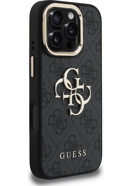 iPhone 16 Pro Max Uyumlu Kılıf Guess Lisanslı Metal 4g ve Yazı Logolu Kamera Standlı Kapak Siyah modelleri