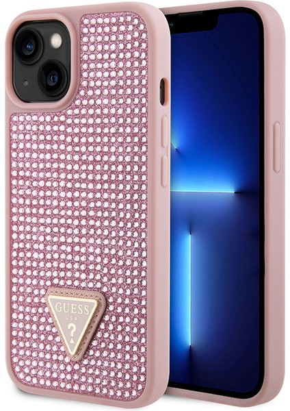 iPhone 14 Uyumlu Kılıf Guess Orjinal Lisanslı Taşlı Arka Yüzey Üçgen Logolu Kapak Pembe